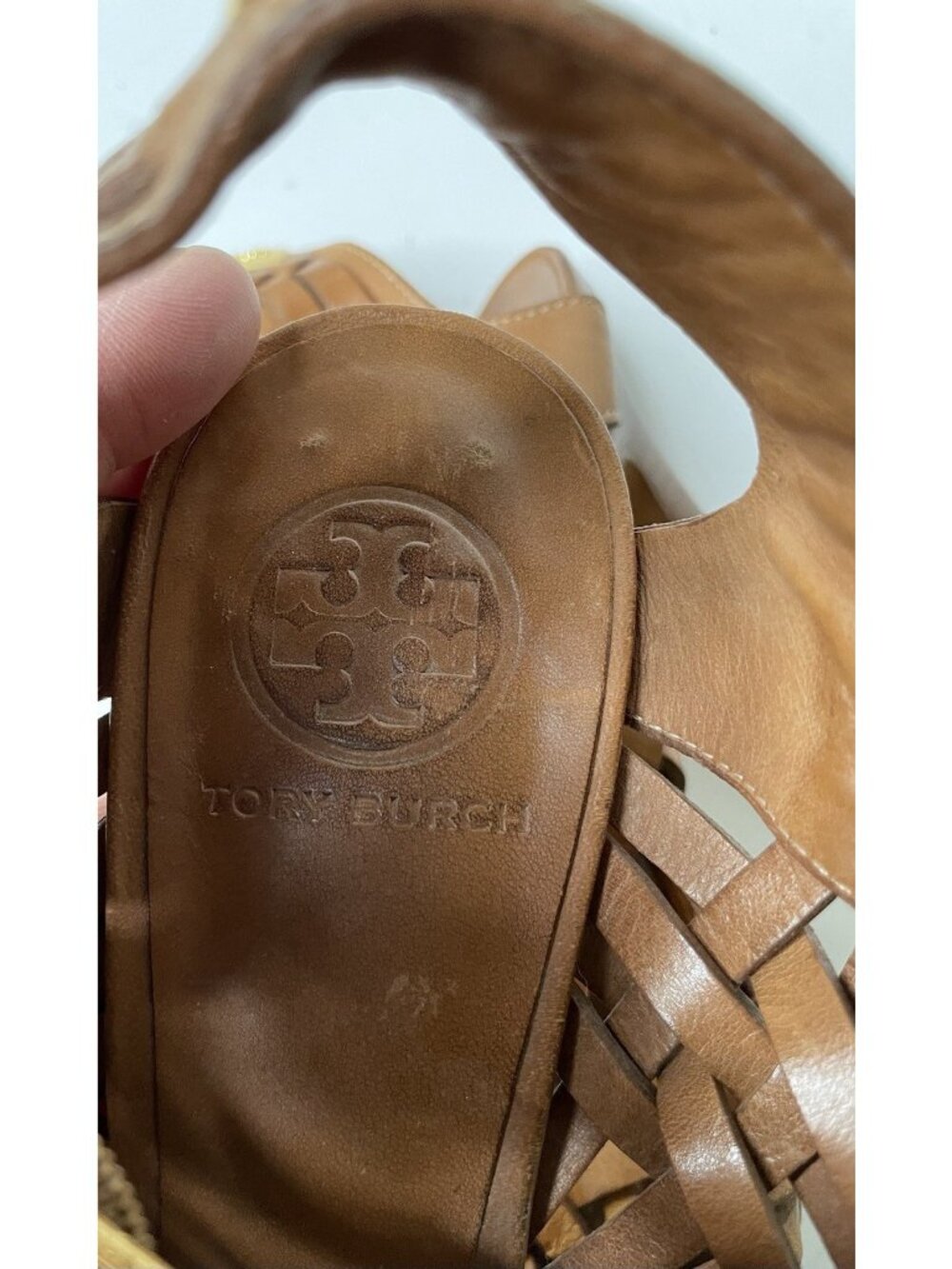 Tory Burch Nadia Brown Woven Leather Huarache Sandals Heels Size 9M Logo - Picture 9 of 10